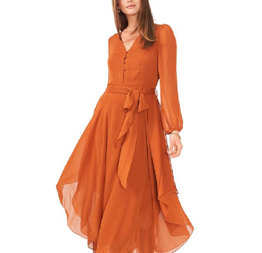 Vestido longo feminino Vince Camuto com bainha de lenço e manga comprida, marrom
