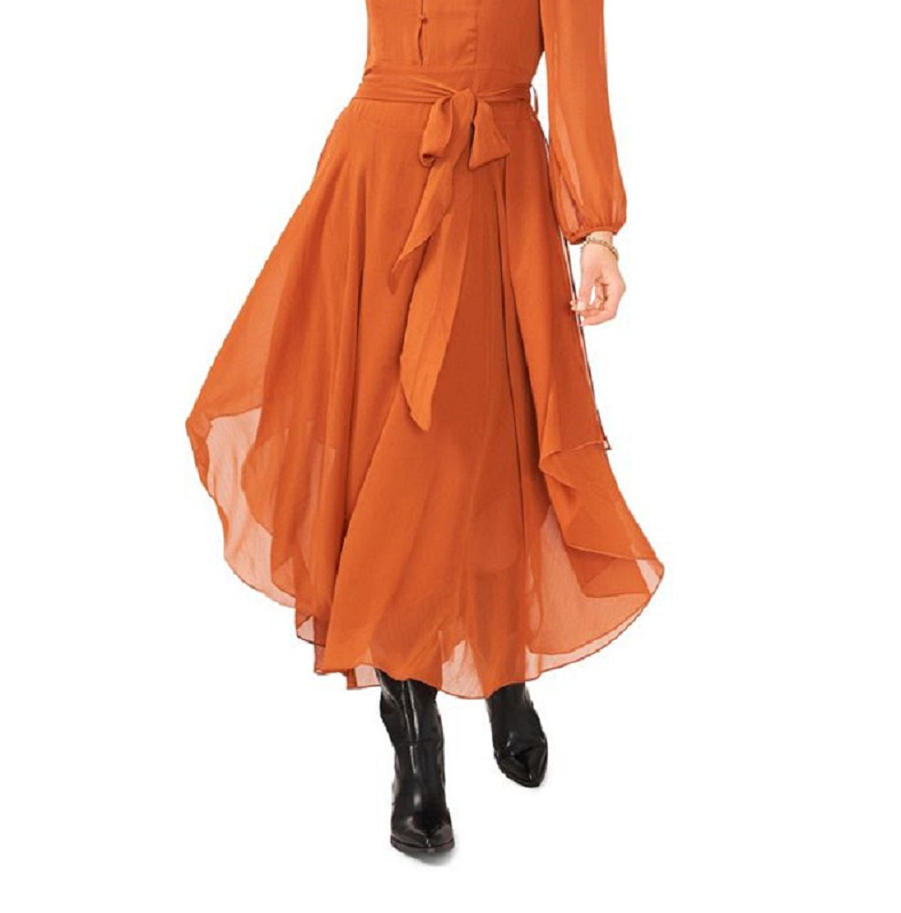 Vestido longo feminino Vince Camuto com bainha de lenço e manga comprida, marrom