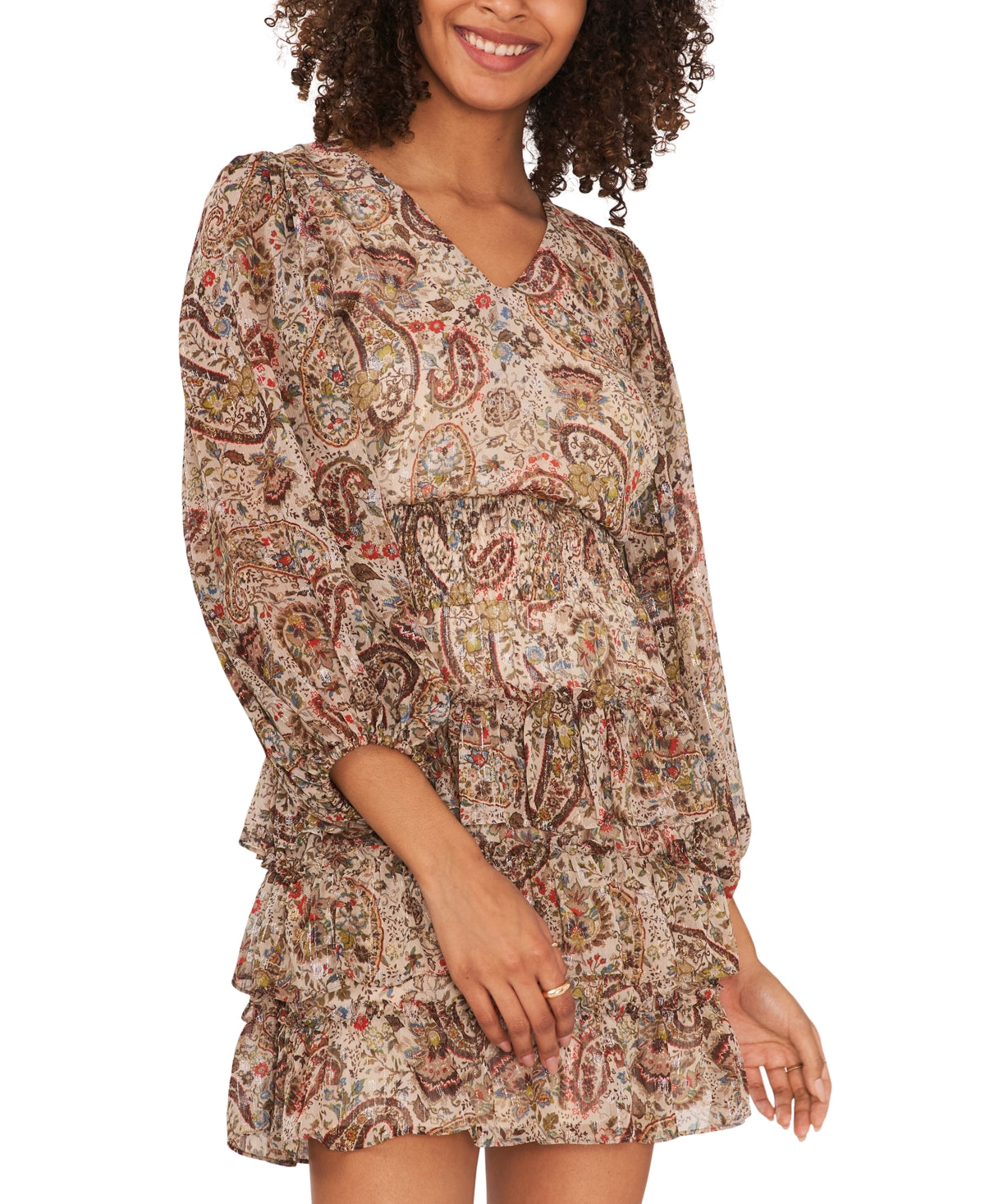 Vestido feminino Vince Camuto com cintura franzida e camadas, marrom, tamanho X-S