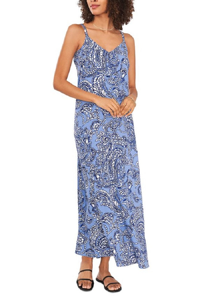 Vestido longo feminino Vince Camuto com estampa paisley azul, tamanho grande
