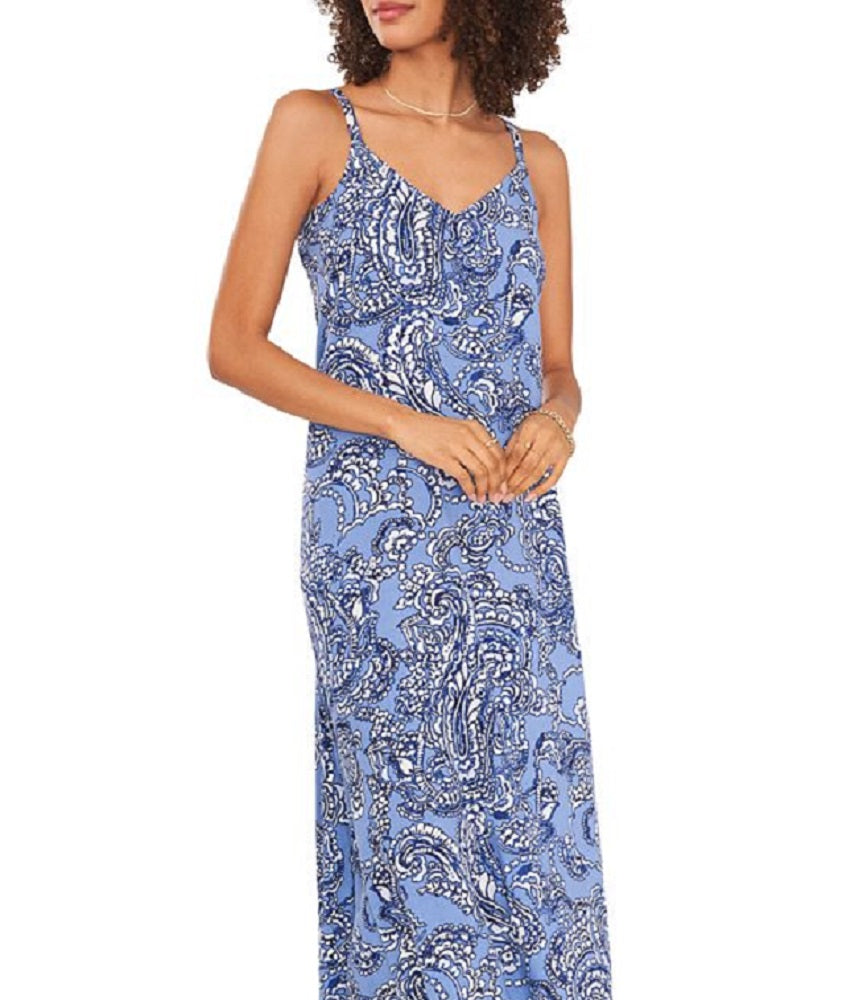 Vestido longo feminino Vince Camuto com estampa paisley azul, tamanho grande