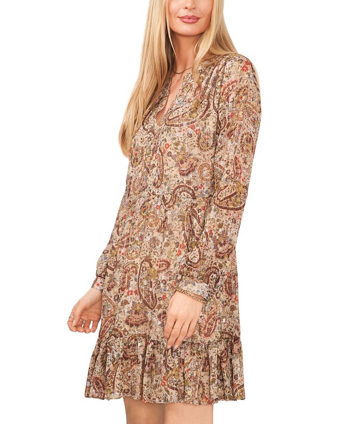 Vestido Vince Camuto Feminino Mangas Compridas com Decote em V Marrom Tamanho Médio