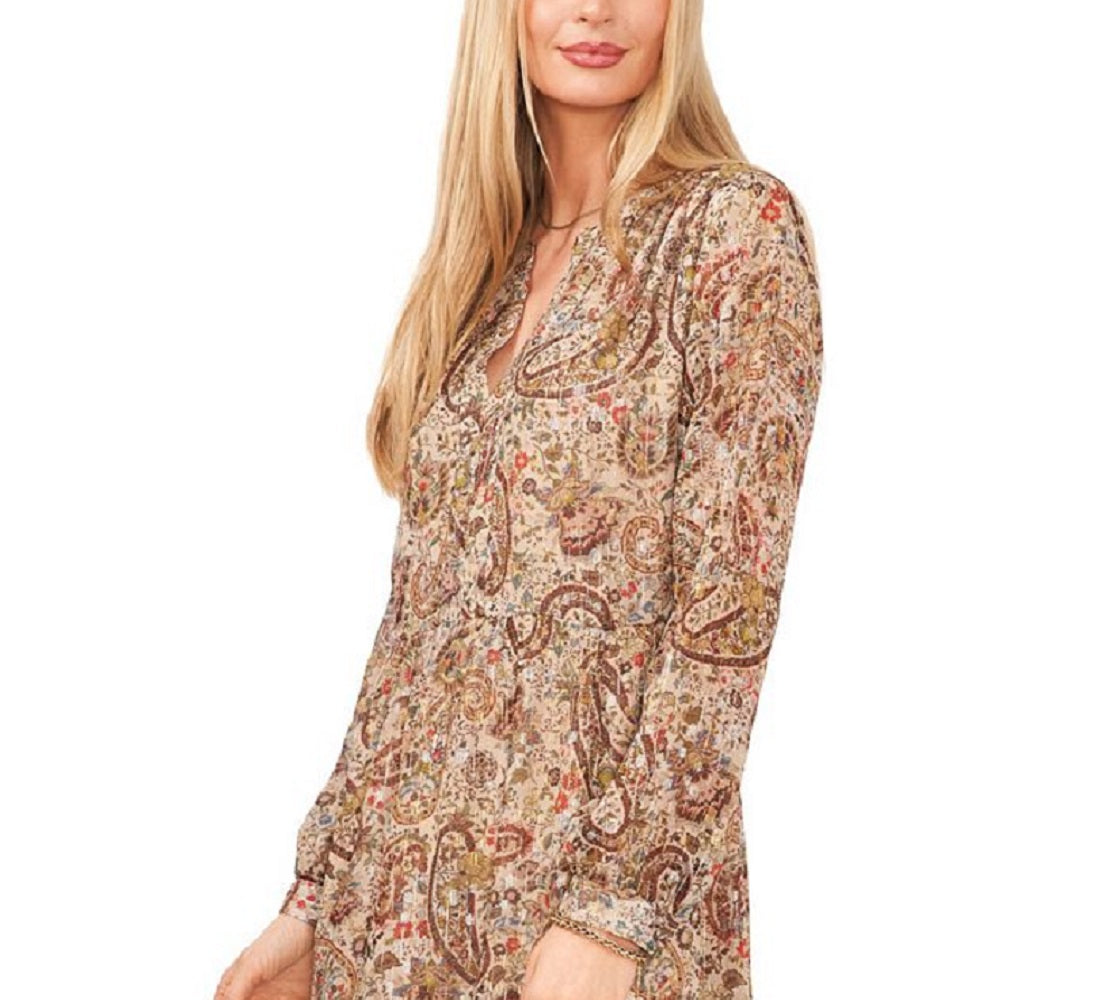 Vestido feminino Vince Camuto de manga comprida com decote em V, marrom, tamanho extragrande