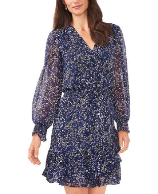 Vince Camuto Women's Long Sleeve Ruffle Chiffon Dress Blue Size Large