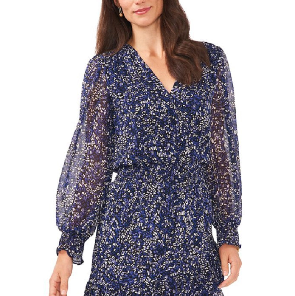 Vestido feminino Vince Camuto de chiffon com babados e manga comprida, azul, tamanho grande