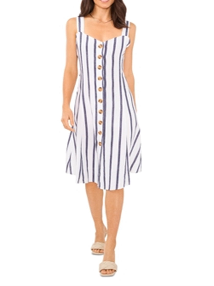 Vestido feminino listrado com botões frontais Vince Camuto, azul, tamanho grande