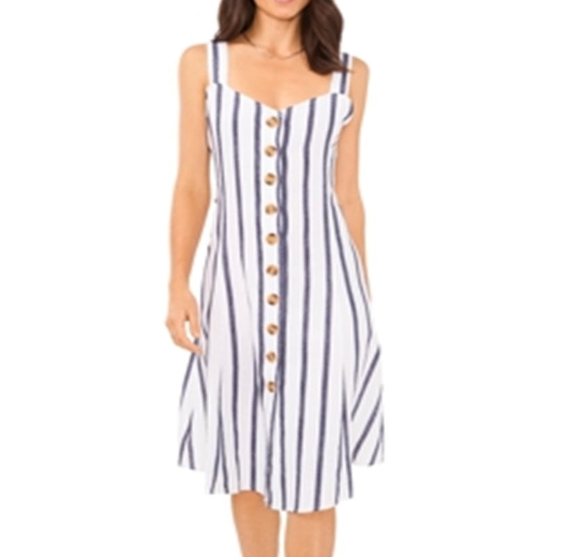 Vestido feminino listrado com botões frontais Vince Camuto, azul, tamanho grande