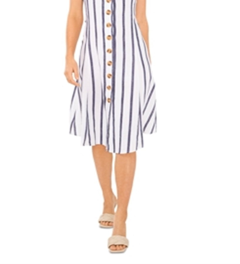 Vestido feminino listrado com botões frontais Vince Camuto, azul, tamanho grande