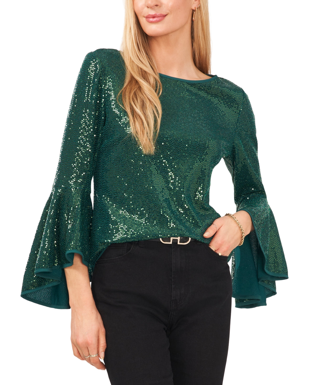 Vince Camuto Blusa feminina com lantejoulas e manga sino, verde, tamanho médio