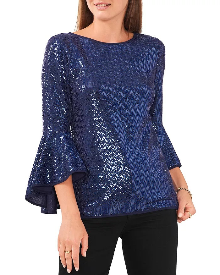 Blusa feminina Vince Camuto com manga sino e lantejoulas, azul, tamanho GG