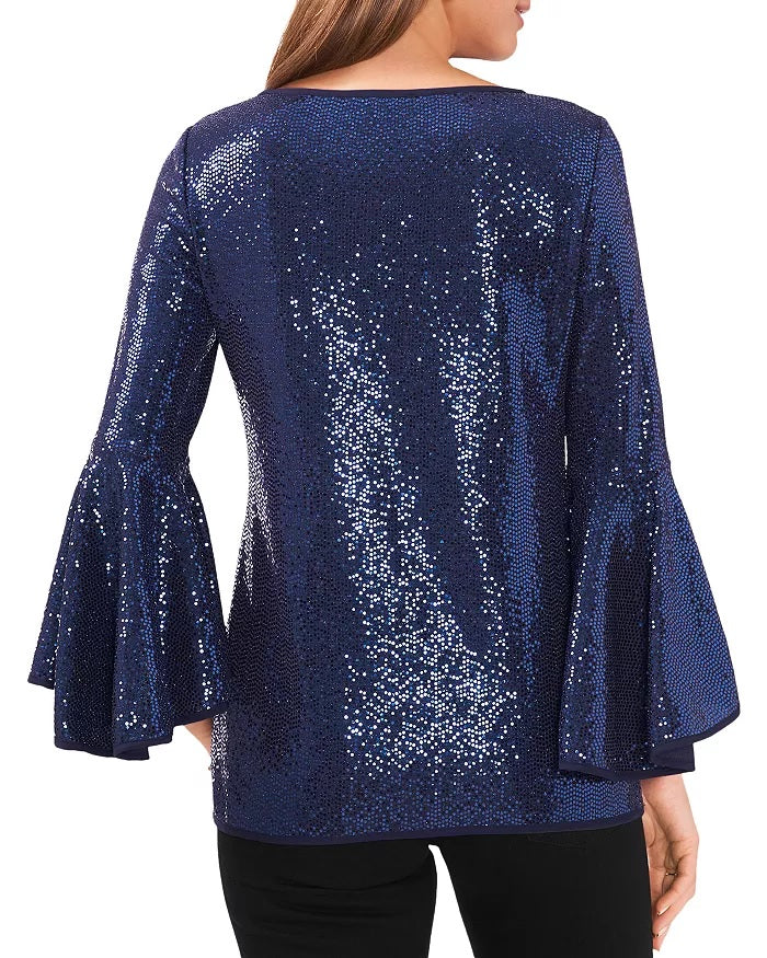 Blusa feminina Vince Camuto com manga sino e lantejoulas, azul, tamanho GG