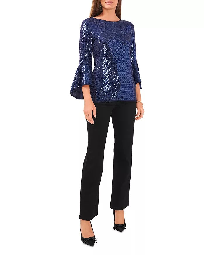 Blusa feminina Vince Camuto com manga sino e lantejoulas, azul, tamanho GG