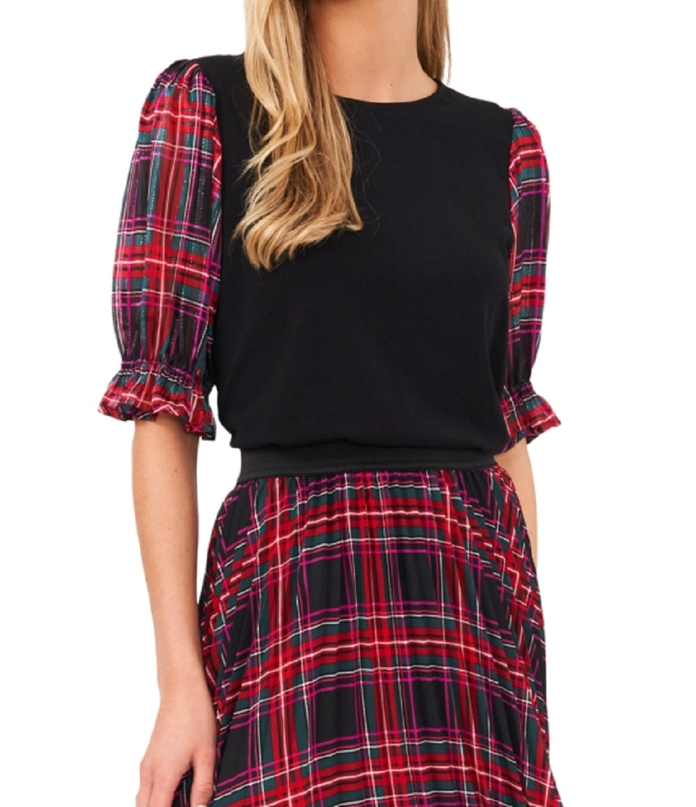 Top feminino CeCe Mixed Media, preto, tamanho X-S