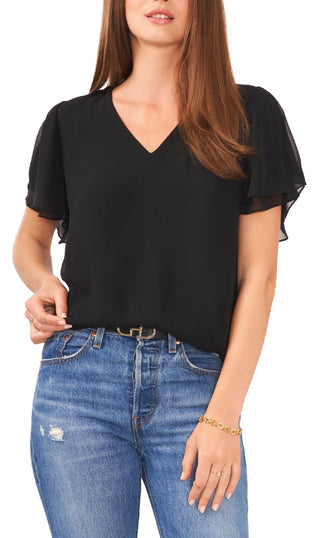 Blusa feminina Vince Camuto com decote em V e manga tulipa, preta, tamanho pequeno