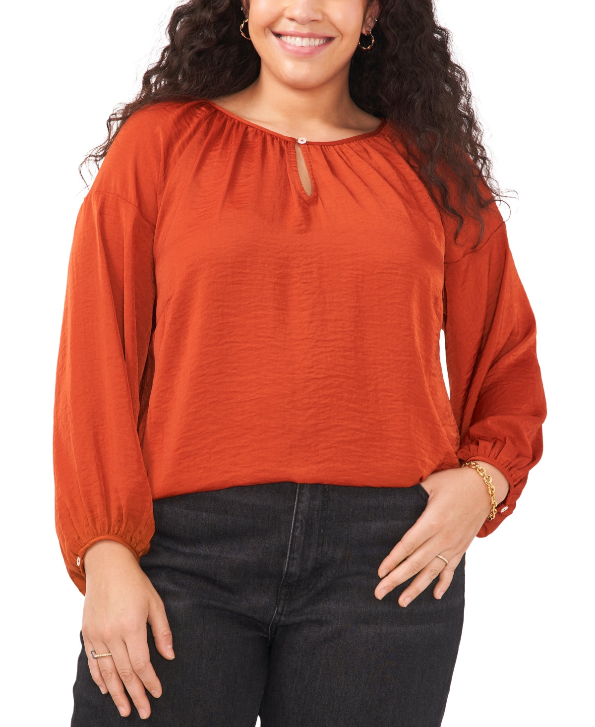Blusa feminina Vince Camuto de cetim com babados e decote em V, laranja, tamanho 2X