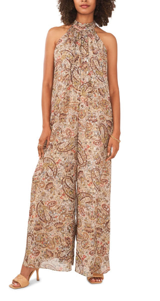 Macacão feminino sem mangas com amarração no pescoço, marrom, tamanho pequeno, Vince Camuto