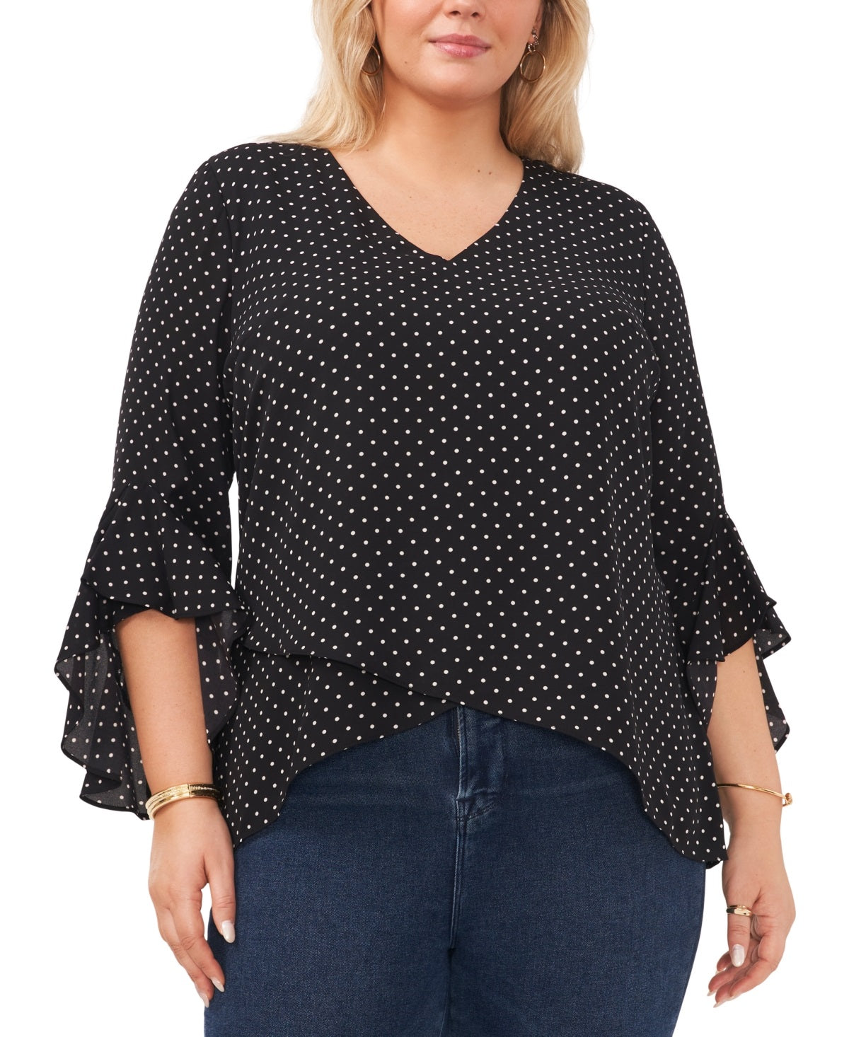 Blusa feminina Vince Camuto com mangas bufantes e decote alto e baixo, preta, tamanho 1X