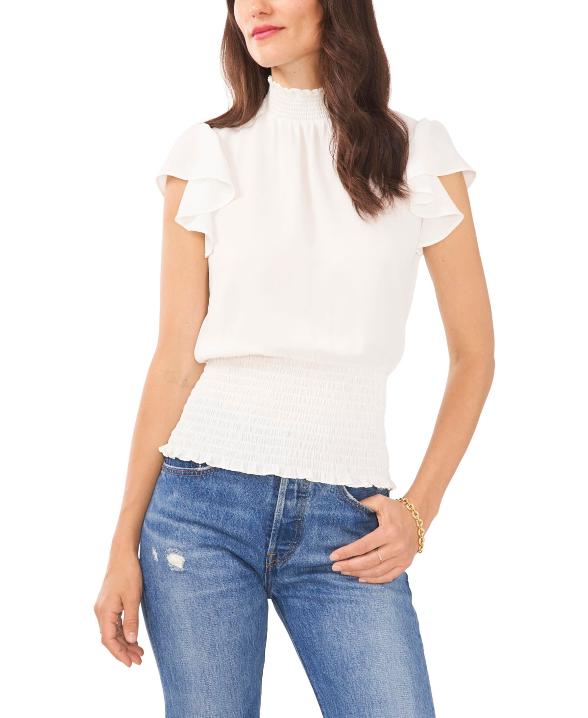 1.STATE Blusa feminina com mangas bufantes e franzidas, branca