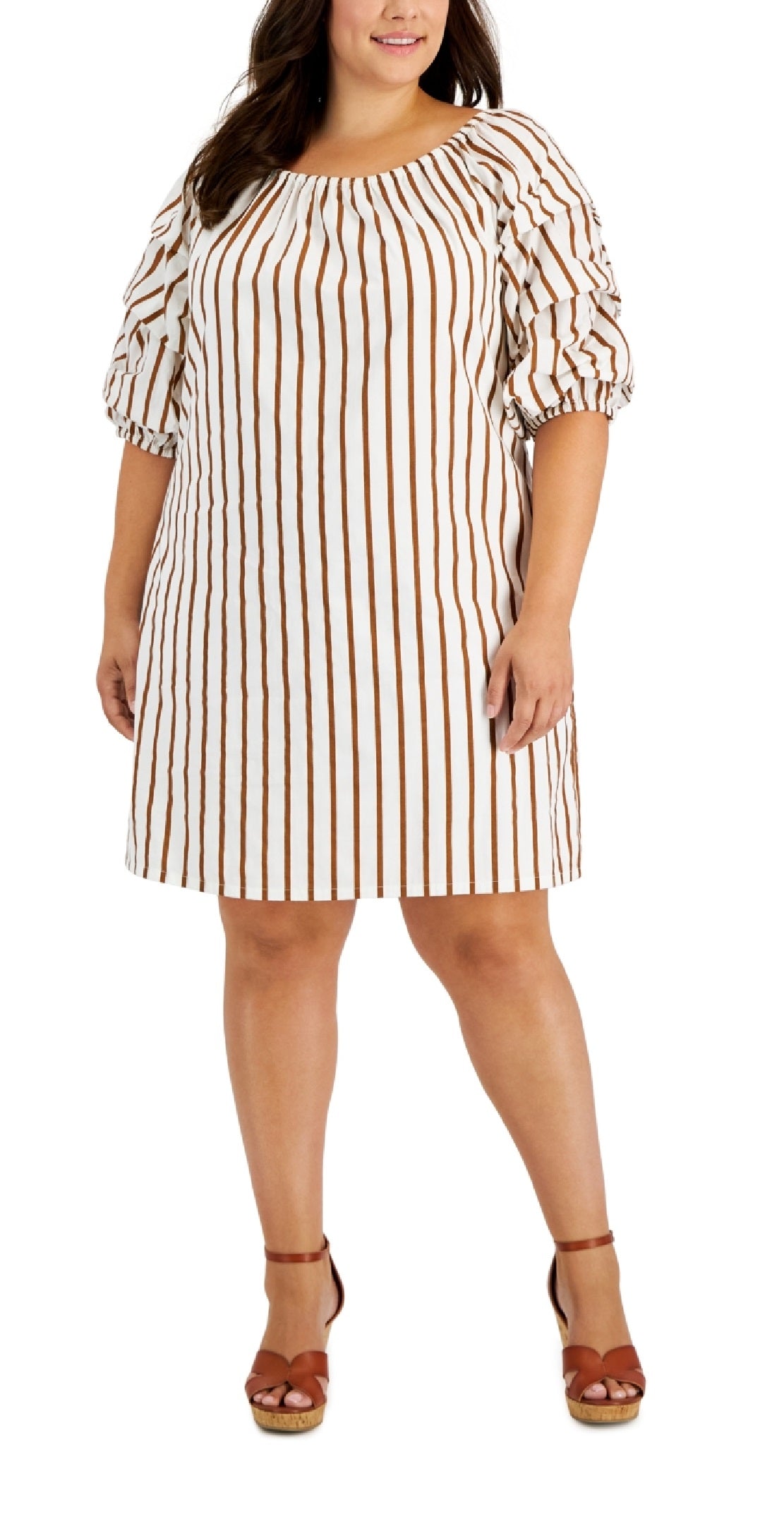 Vestido feminino listrado com manga bolha Vince Camuto marrom tamanho 2X