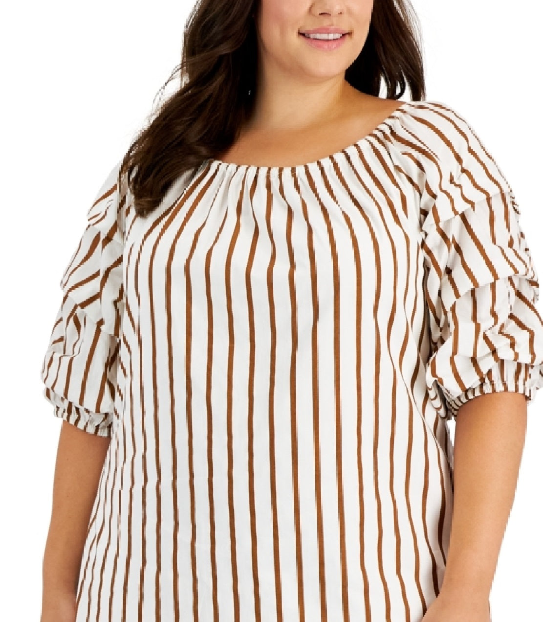 Vestido feminino listrado com manga bolha Vince Camuto marrom tamanho 2X