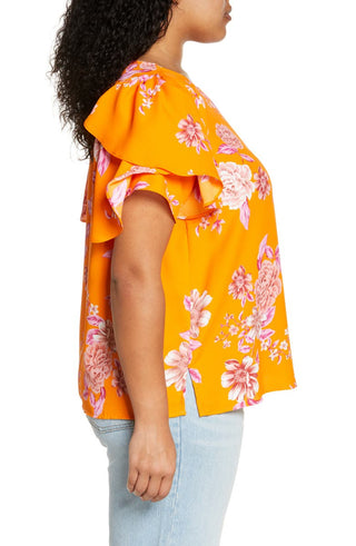 Blusa feminina Vince Camuto Rio Gardens manga esvoaçante laranja tamanho 1X