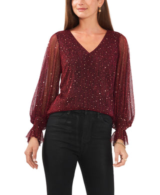 Blusa feminina Vince Camuto com decote em V e bolinhas brilhantes, vermelha, tamanho médio