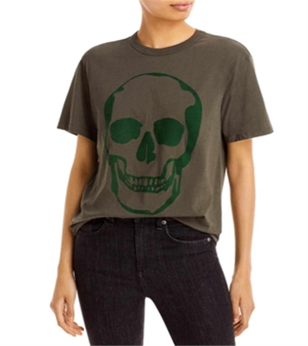 Camiseta feminina Chaser com estampa de caveira cinza, tamanho médio
