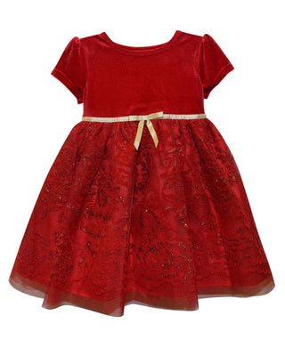 Vestido de renda flocado de veludo Blueberi Boulevard para meninas, ajuste e flare, vermelho, tamanho 69MOS