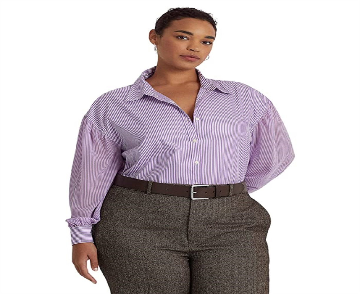 Camisa listrada feminina Ralph Lauren Broadcloth roxa tamanho 3X
