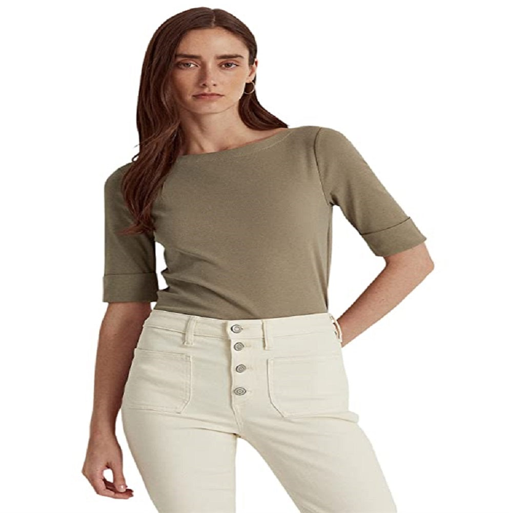 Blusa Ralph Lauren Feminina de Algodão Elástico com Decote Canoa Verde Tamanho XS