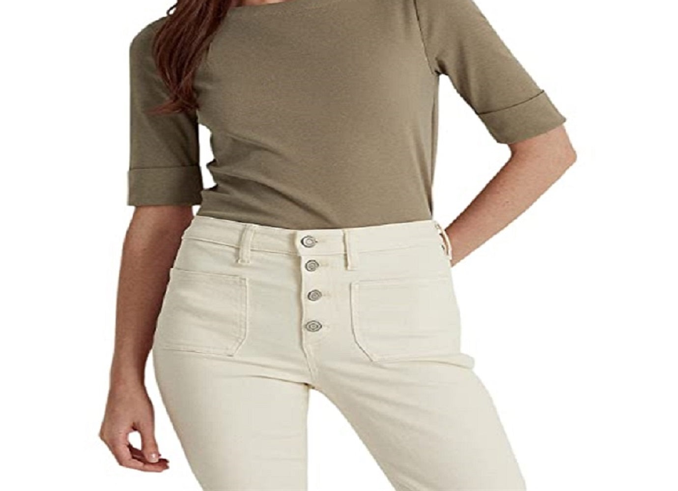 Blusa Ralph Lauren Feminina de Algodão Elástico com Decote Canoa Verde Tamanho XS