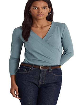 Ralph Lauren Blusa de malha feminina Surplice Azul Tamanho Grande