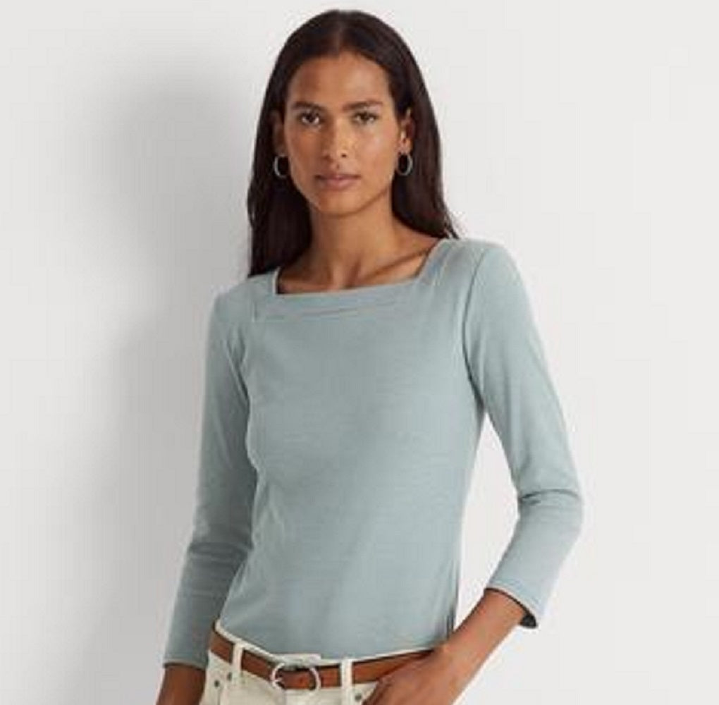 Blusa feminina Ralph Lauren listrada de algodão elástico azul tamanho X-G