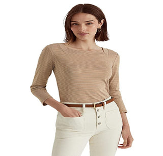Blusa feminina Ralph Lauren listrada de algodão elástico marrom tamanho médio