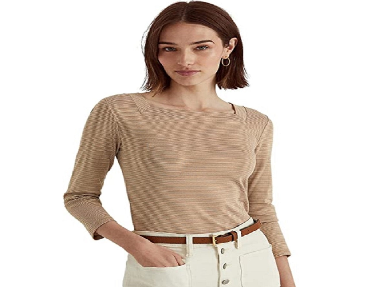Blusa feminina Ralph Lauren listrada de algodão elástico marrom tamanho médio