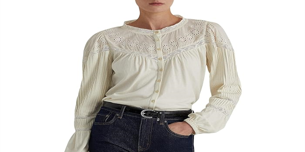 Ralph Lauren Blusa Feminina de Algodão Bordado com Ilhós, Branca, Tamanho Grande