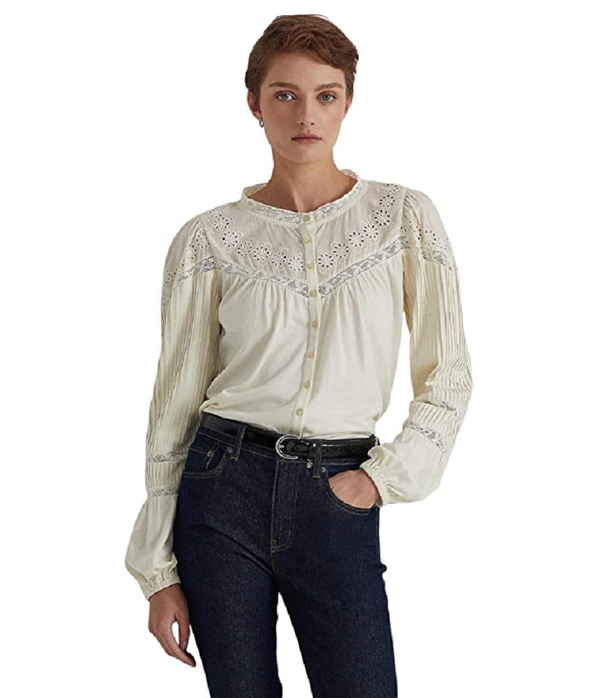 Blusa Ralph Lauren Feminina com Ilhós Bordados em Mistura de Algodão, Branca, Tamanho Médio