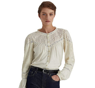 Blusa Ralph Lauren Feminina com Ilhós Bordados em Mistura de Algodão, Branca, Tamanho Médio