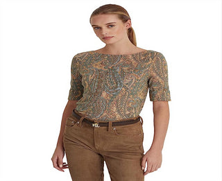 Camiseta Ralph Lauren Feminina Paisley Algodão Elástico Gola Canoa Verde Tamanho Grande