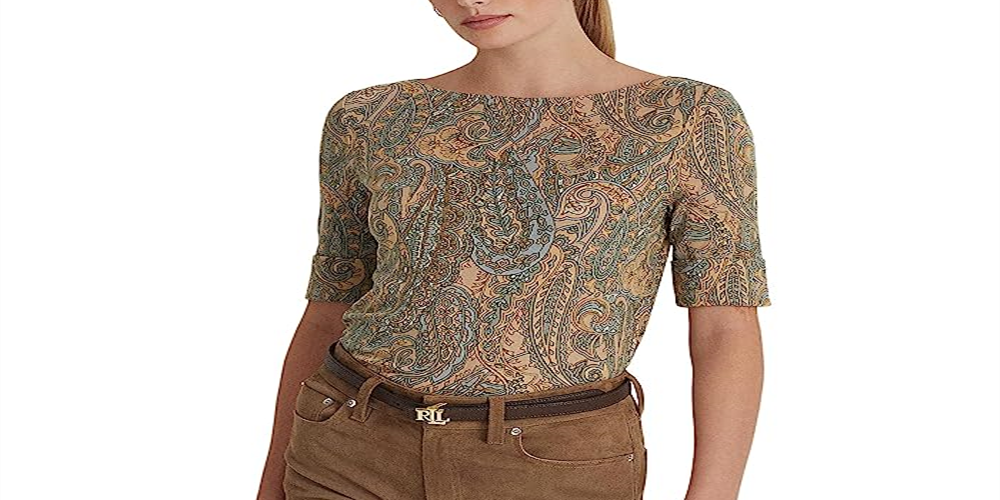 Camiseta Ralph Lauren Feminina Paisley Algodão Elástico Gola Canoa Verde Tamanho Grande