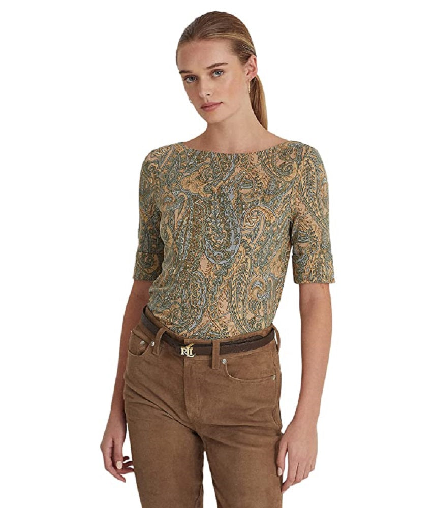 Camiseta Ralph Lauren Feminina Paisley Algodão Elástico Gola Canoa Verde Tamanho Médio