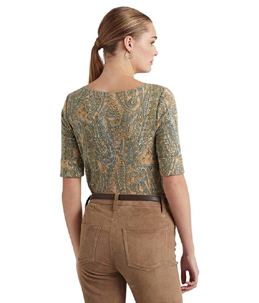 Camiseta Ralph Lauren Feminina Paisley Algodão Elástico Gola Canoa Verde Tamanho Médio