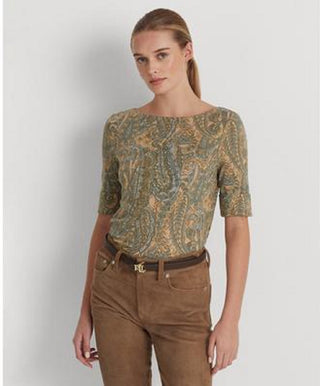 Camiseta Ralph Lauren Feminina Paisley Algodão Elástico Gola Canoa Marrom Tamanho X-G