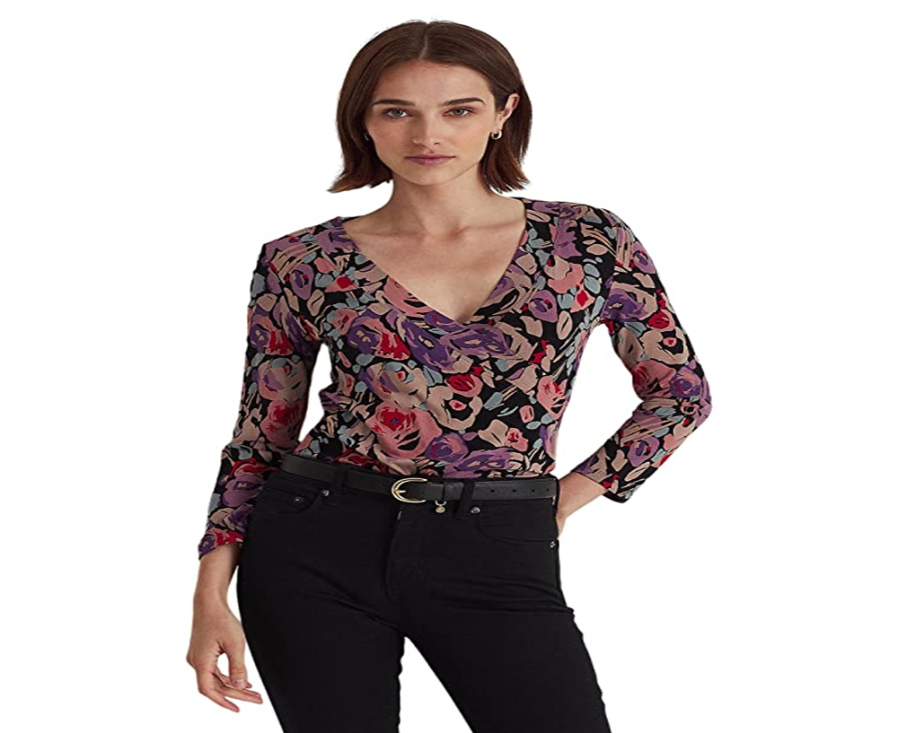 Blusa de malha com sobrepeliz floral Ralph Lauren feminina, preta, tamanho pequeno