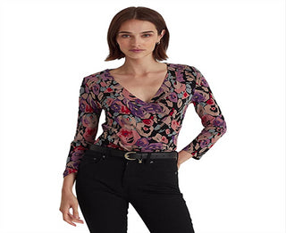 Blusa de malha com sobrepeliz floral feminina Ralph Lauren, preta, tamanho extragrande