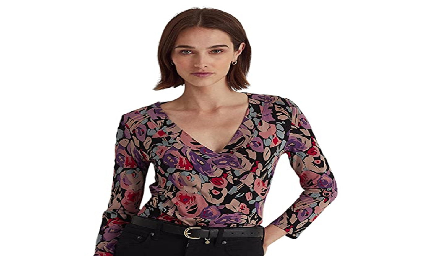 Blusa de malha com sobrepeliz floral feminina Ralph Lauren, preta, tamanho extragrande