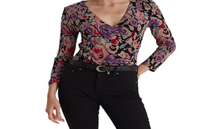 Blusa de malha com sobrepeliz floral feminina Ralph Lauren, preta, tamanho extragrande