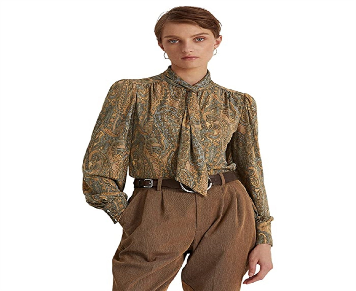 Blusa de malha com decote em V e estampa paisley Ralph Lauren feminina, verde, tamanho X-G