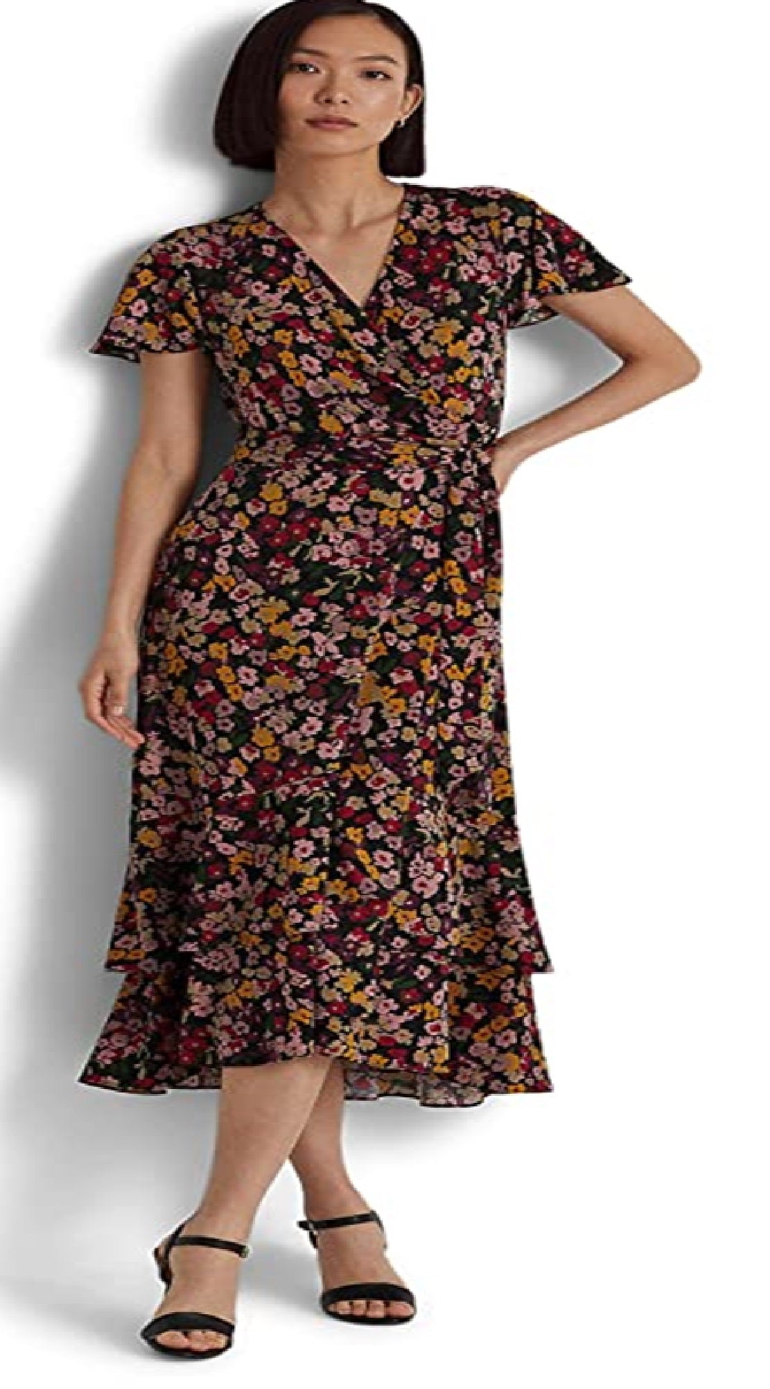 Vestido envelope floral Ralph Lauren feminino, preto, tamanho extragrande