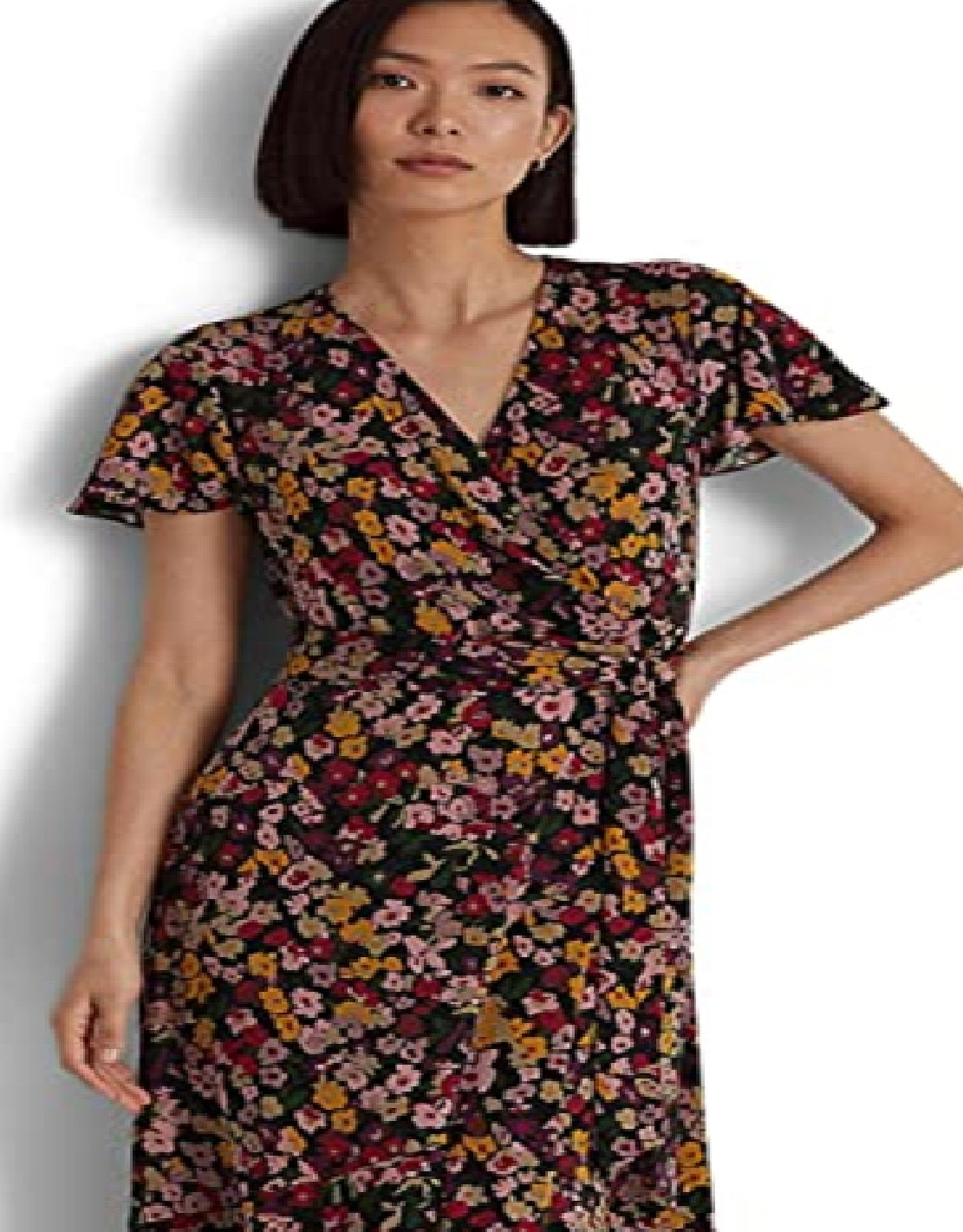 Vestido envelope floral Ralph Lauren feminino, preto, tamanho extragrande